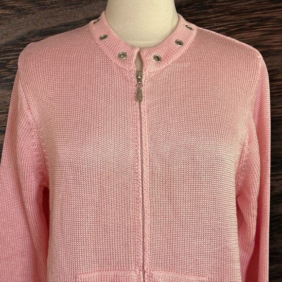 Fia Italia Hand Loomed Sweater Cardigan Sz L Full Zip Pink Grommets and Pockets - Picture 3 of 8
